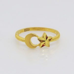 24K 980 Pure Gold Moon & Star Luck Vintage Ring Size 6
