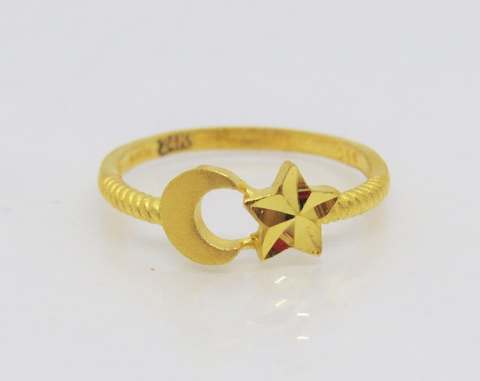 24K 980 Pure Gold Moon & Star Luck Vintage Ring Size 6