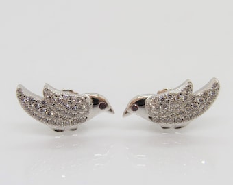 Vintage Sterling Silver White Topaz & Ruby Bird Stud Earrings