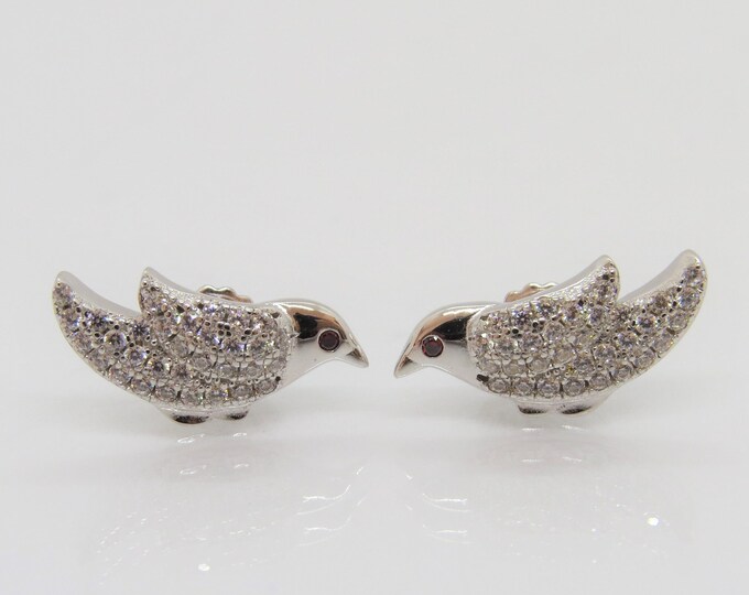 Vintage Sterling Silver White Topaz & Ruby Bird Stud Earrings