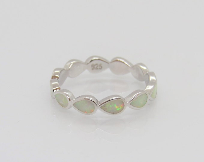 Vintage Sterling Silver Inlay White Opal Band Ring Size 7