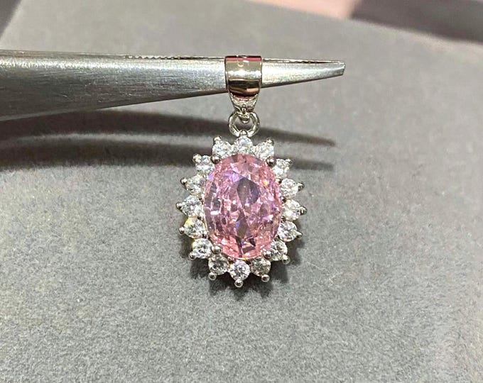 Vintage Sterling Silver Oval cut Pink Sapphire & White Topaz Pendant.