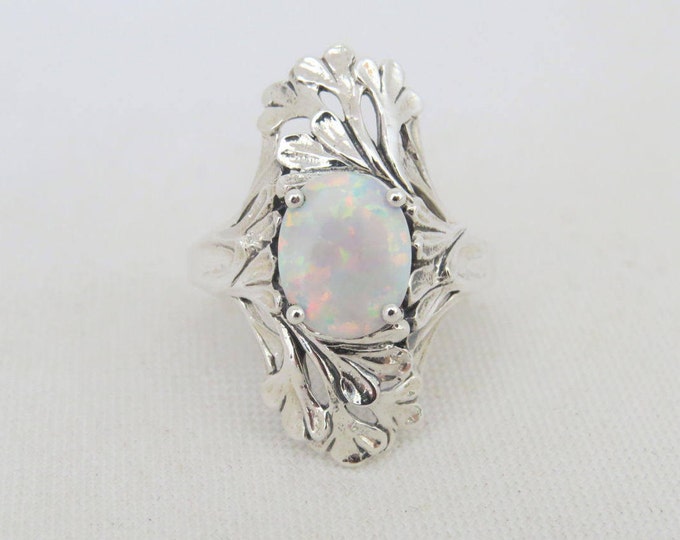 Vintage Sterling Silver White Opal Filigree Long Ring Size 10
