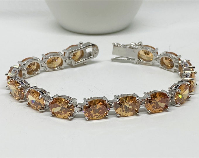 Vintage Sterling Silver Oval cut Morganite Link Bracelet 7 1/2''