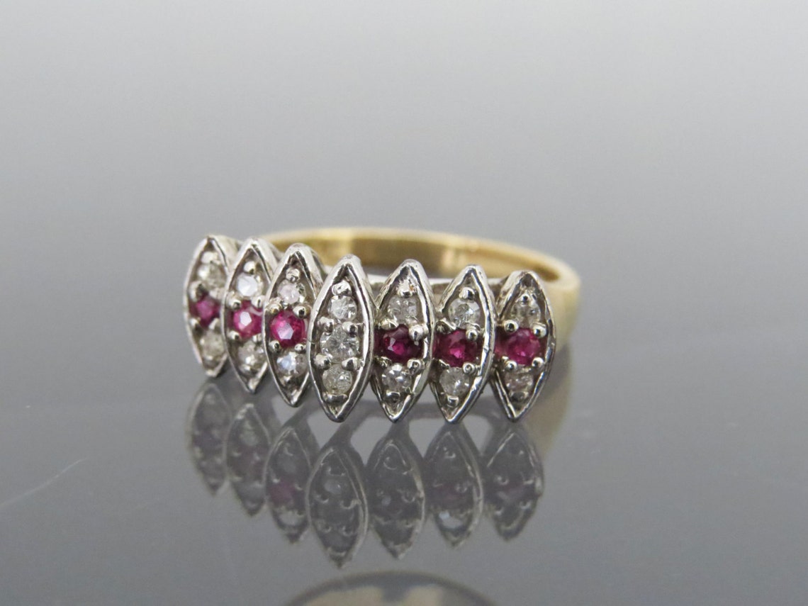 Vintage Marquise Style 21 Genuine Diamond & Ruby Ring .42ct 14K Yellow ...
