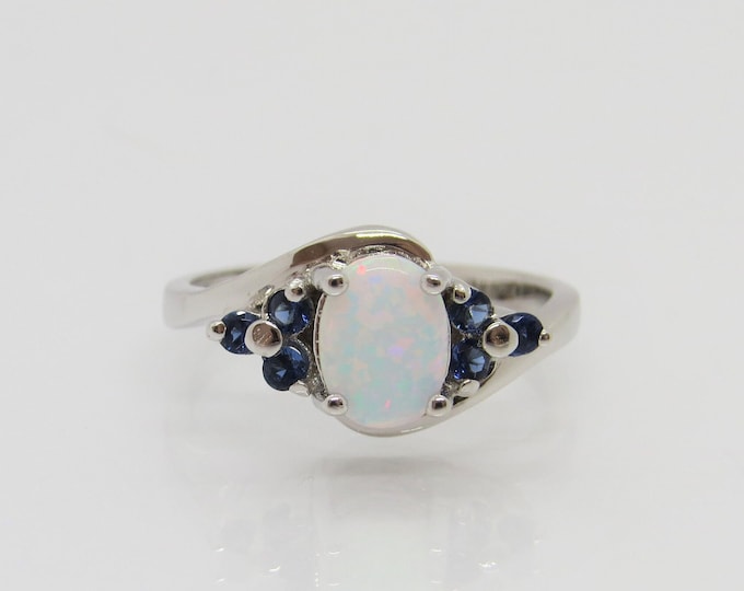 Vintage Sterling Silver White Opal & Blue Sapphire Ring Size 8