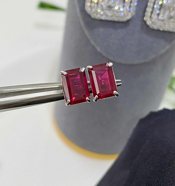 Vintage 14K Solid White Gold Rectangular Ruby Ear… - image 8