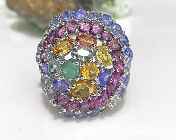 Vintage Sterling Silver Natural Tanzanite, Emerald, Citrine, Rhodolite Ring Size 9