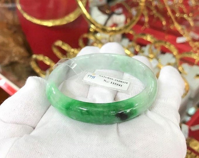 Vintage Translucent Natural Green, White Jadeite Jade Bangle Bracelet 54.3MM