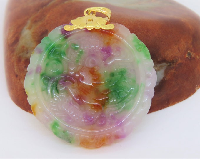 Vintage 18K Solid Yellow Gold Dragon Purple, Green & Yellow Jadeite Jade Pendant