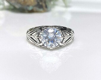 Anillo vintage de plata de ley con solitario de topacio blanco y filigrana, talla 8