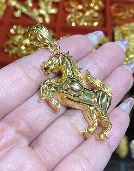 Vintage 15K 610 Solid Yellow Gold Ruby Horse Pend… - image 7