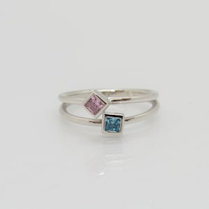 Vintage Sterling Silver Princess cut Pink Sapphire & Aquamarine Ring Size 8