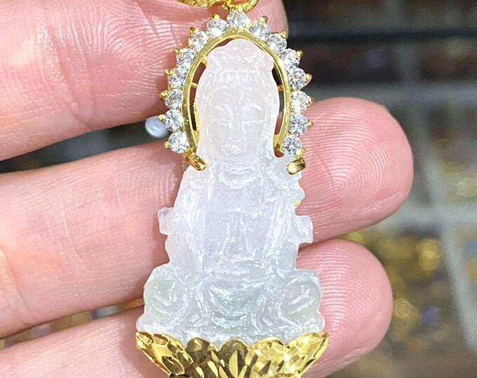 Vintage 18K Solid Gold Natural Light Green, White Jadeite Jade & White Topaz Kwan Yin Buddha Pendant Phat Ba Quan Am