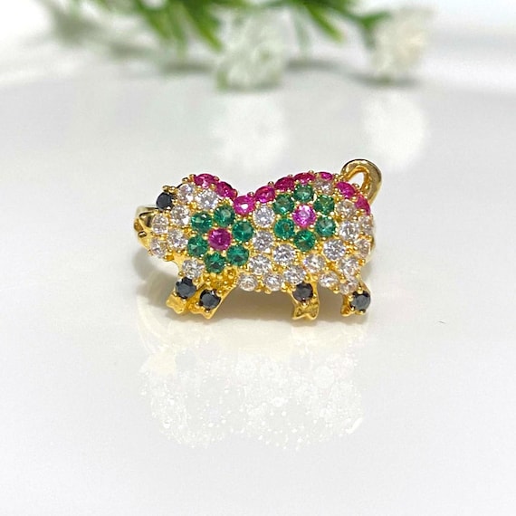 Vintage 18K Gold Pig Ring Ruby, Emerald, Sapphire… - image 1
