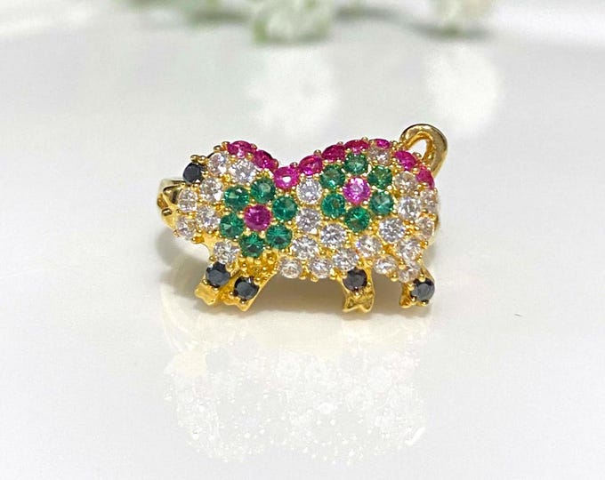 Vintage 18K Solid Yellow Gold Ruby, Emerald, Black Sapphire & White Topaz Pig Ring Size 6.25