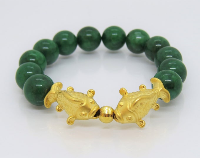 Vintage 24K 999 Yellow Gold Koi Fish with Green Jadeite Jade Bead Elastic Bracelet
