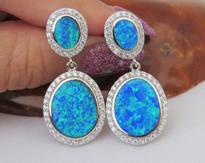 Vintage Sterling Silver Blue Opal , White Topaz Earrings