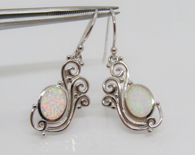 Vintage Sterling Silver White Opal Filigree Dangle Earrings