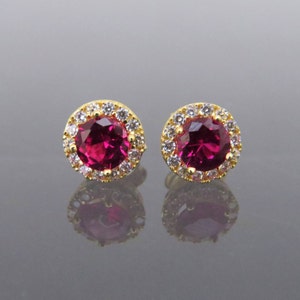 Vintage 18K Solid Yellow Gold 1.22ct Ruby & White Topaz Stud Earrings