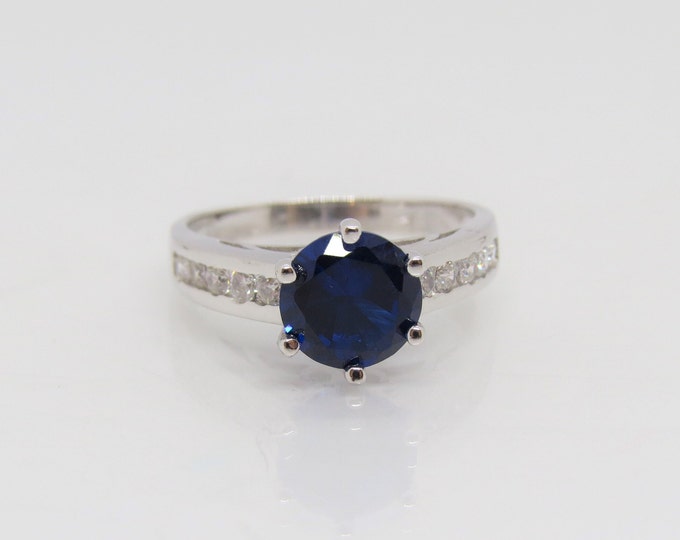 Vintage Sterling Silver Blue Sapphire & White Topaz Engagement Ring Size 9