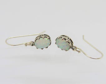 Vintage Sterling Silver Oval White Opal Dangle Earrings