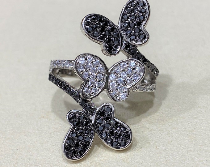 Vintage Sterling Silver Black Sapphire & White Topaz Butterflies Ring Size 8