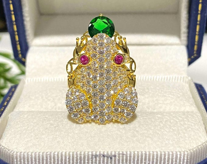 Vintage 15K 610 Solid Yellow Gold Emerald & White Topaz Ruby Eye's Frog Ring Size 6.75