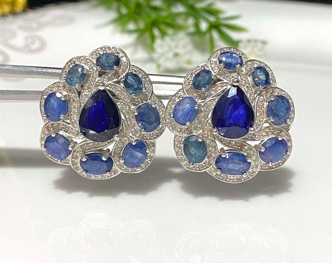 Vintage Sterling Silver Natural Blue Sapphire & White Topaz Earrings.