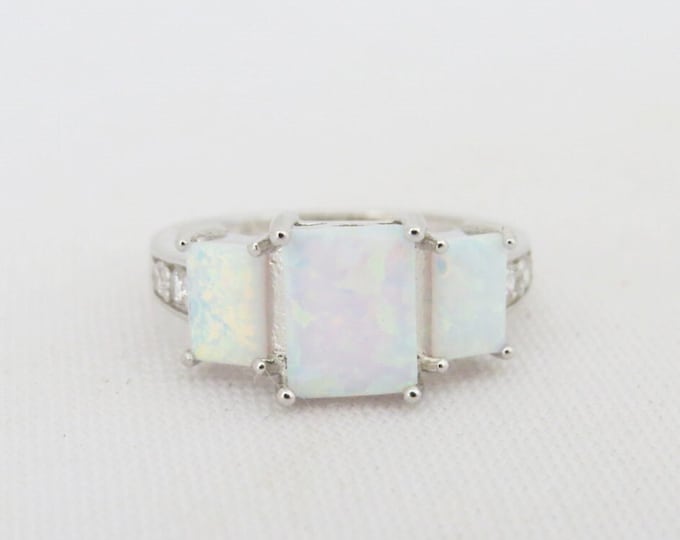 Vintage Sterling Silver Radiant cut White Opal & White Topaz Ring Size 7