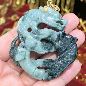 Vintage 14K Solid Yellow Gold Natural Green Jadeite Jade, White Topaz Dragon Pendant.