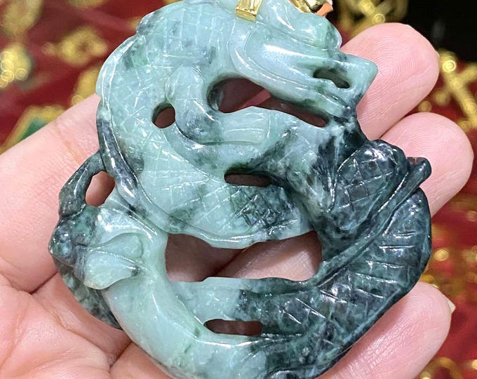 Vintage 14K Solid Yellow Gold Natural Green Jadeite Jade, White Topaz Dragon Pendant.