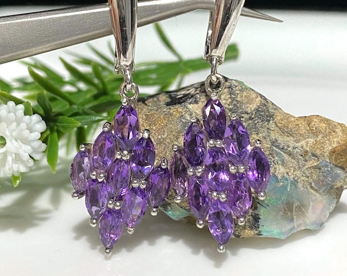 Vintage Sterling Silver Natural Marquise cut Amethyst Dangle Earrings.