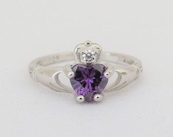 Vintage Claddagh Sterling Silver Amethyst & White Topaz Ring Size 8