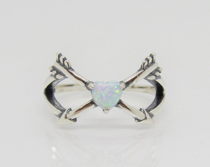 Vintage Sterling Silver Heart White Opal Arrows Ring.