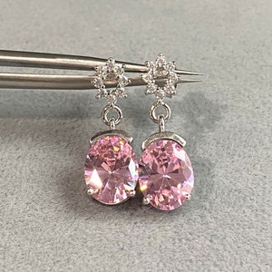 Vintage Sterling Silver Pink Sapphire & White Topaz Dangle Earrings.