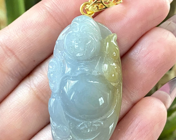 Vintage 18K Solid Yellow Gold Green, Lavender, Yellow Jadeite Jade Laughing Buddha Happy Buddha Pendant