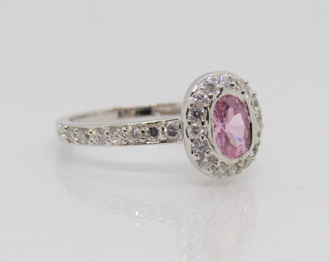 Vintage Sterling Silver Pink Sapphire & White Topaz Engagement Ring Size 8