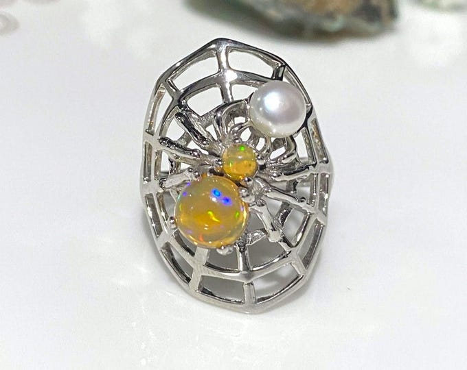 Vintage Sterling Silver Natural Fire Opal & White Pearl Spider Ring Size 8