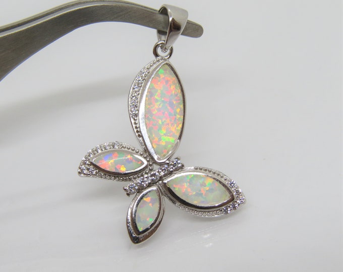Vintage Sterling Silver White Opal & White Topaz Butterfly Pendant