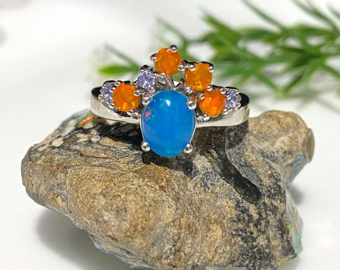 Vintage Sterling Silver Natural Blue, Orange Opal & Tanzanite Ring Size 7.5