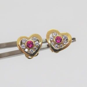 Vintage 14K Solid Yellow Gold Ruby & White Topaz Heart Stud Earrings