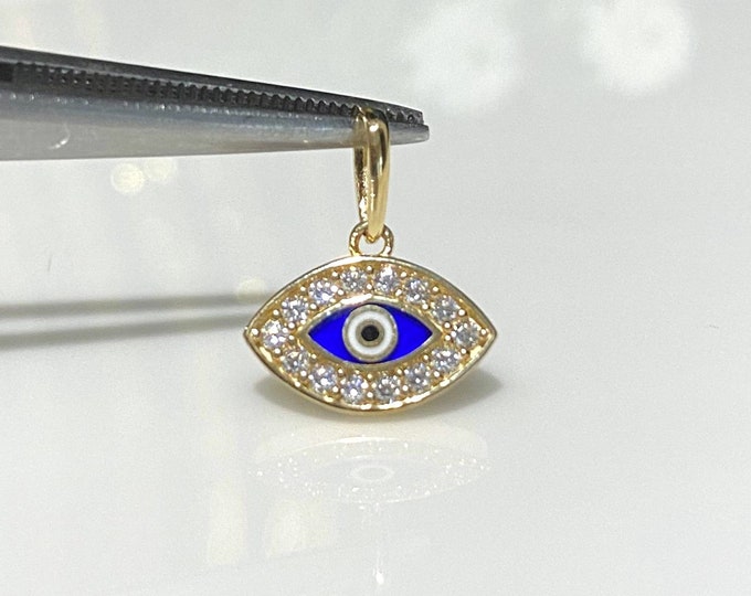 Vintage 14K Solid Gold White Topaz Blue, White, Black Enamel Evil Eye Pendant.