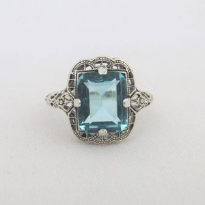 Vintage Sterling Silver Aquamarine Filigree Ring Size 6 image 1