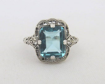 Vintage Sterling Silver Aquamarine Filigree Ring Size 6