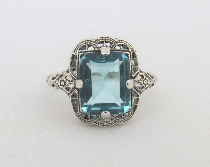 Vintage Sterling Silver Aquamarine Filigree Ring Size 6