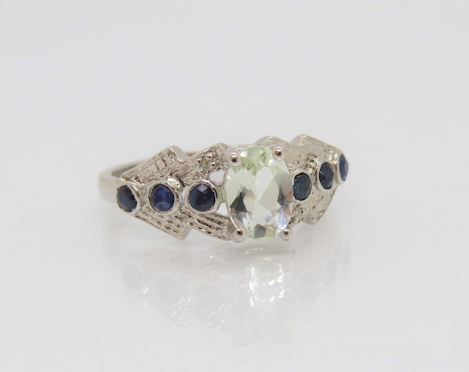 Vintage Sterling Silver Green Amethyst, Diamond & Blue Sapphire Engagement Ring Size 7