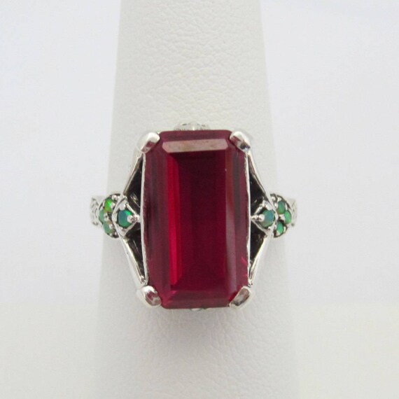 Vintage Sterling Silver Ruby & Green Opal Ring Si… - image 3