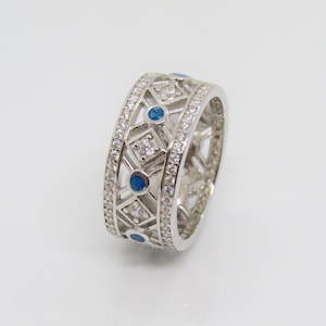 Vintage Sterling Silver Blue Opal & White Topaz Wedding Band Ring Size 6.5