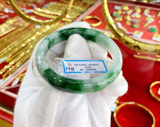 Vintage Translucent Natural Green, White Jadeite Jade Bangle Bracelet 54.5MM